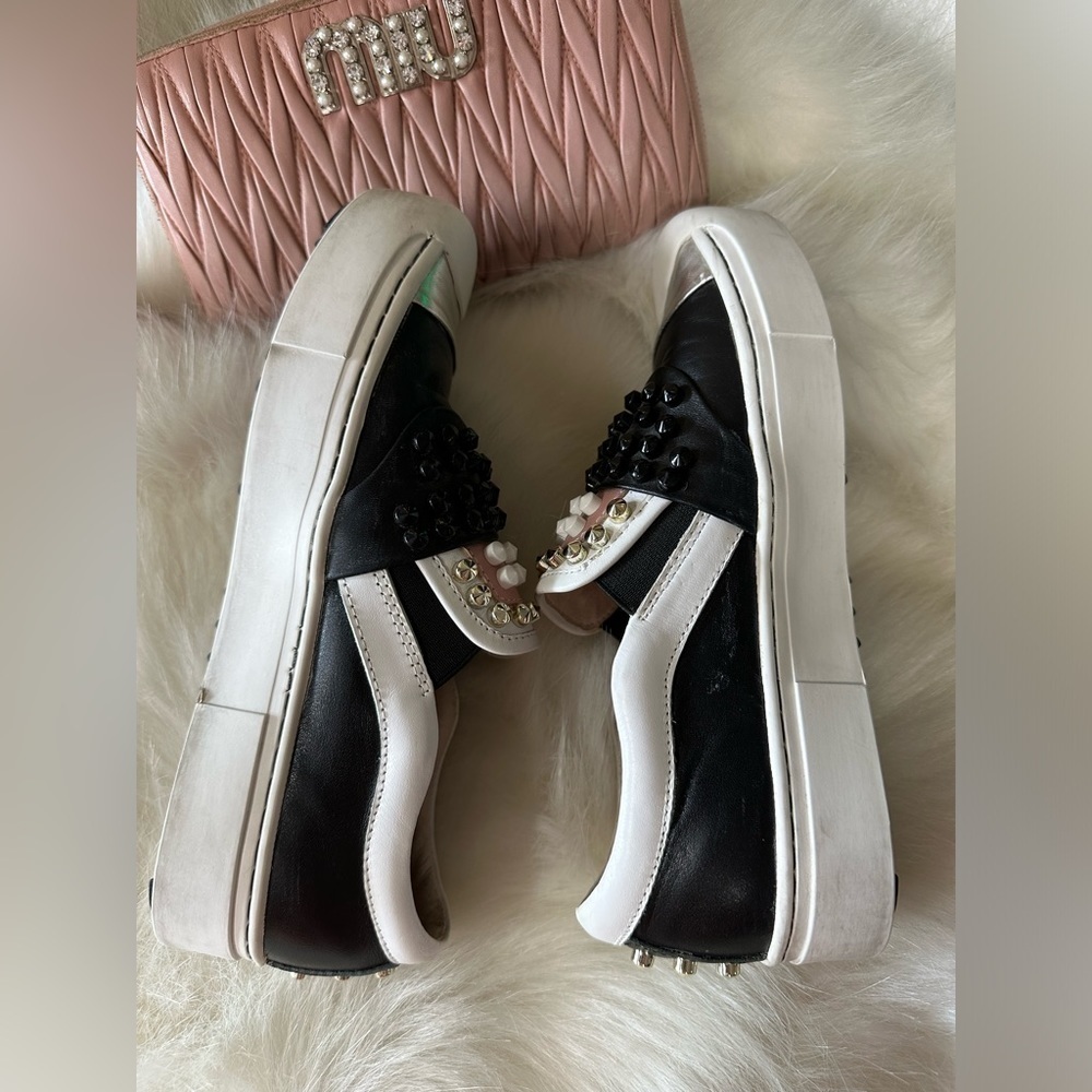FENDI KARLITO STUDDED LEATHER SLIP ON SNEAKERS WOMENS 37 7 DESIGNER RARE - Picture 10 of 12